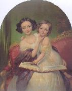 Joseph-Desire Court Portrait de Marguerite Louise Cibiel et de Marie Aglaure Cibiel assises sur un sofa, feuilletant un livre oil